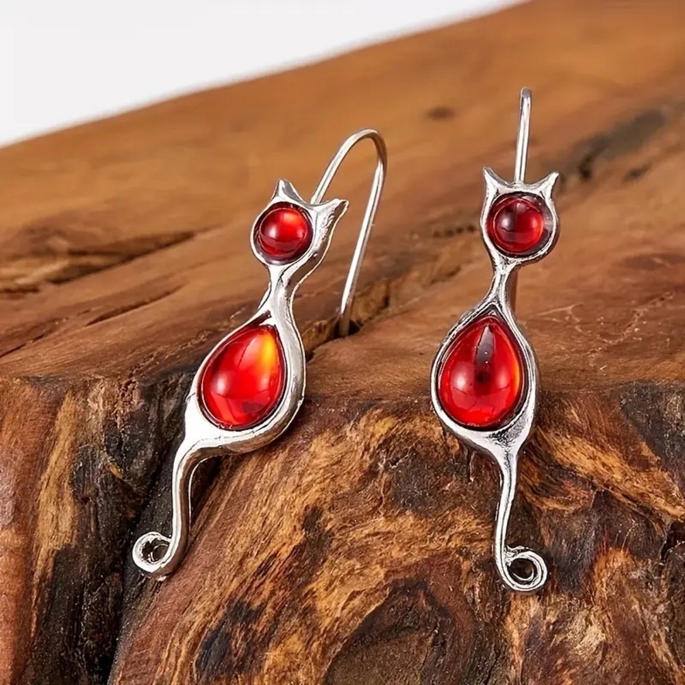 Silver Cat Earrings with Red Gemstones